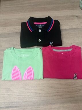 LOT of 3 Psycho Bunny Kids Black Polo, Mint Green Tee, Raspberry Tee Sz XS 5-6